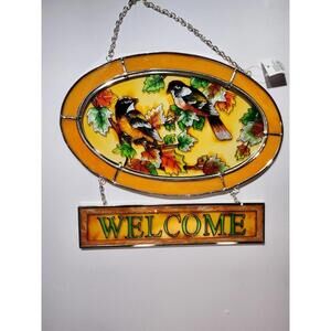 Stained Glass Look Hanging Suncatcher Welcome Sign with Birds & Fall Leaves